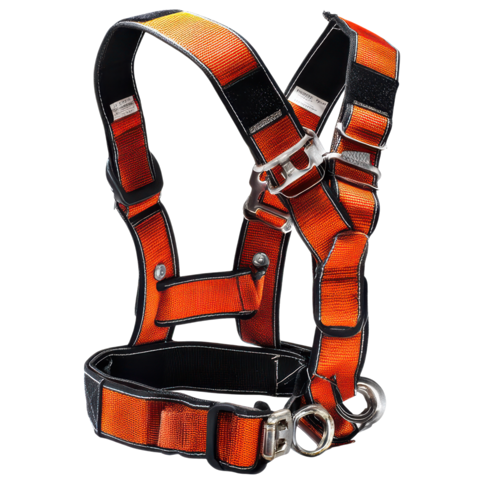 Safety harness emergency equipment for construction worker protection features durable orange material and secure metal buckles for reliable use png