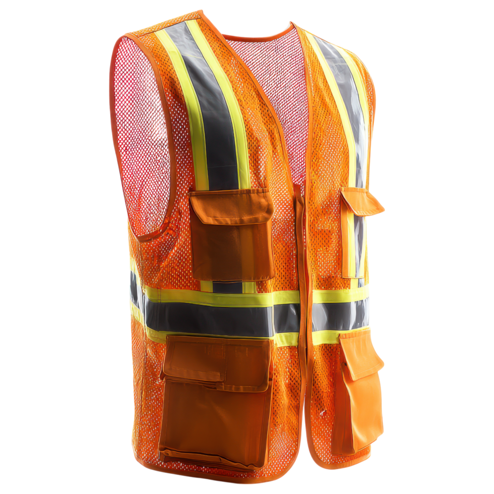 High visibility emergency equipment vest with reflective stripes and multiple pockets for safety and utility use in hazardous environments png