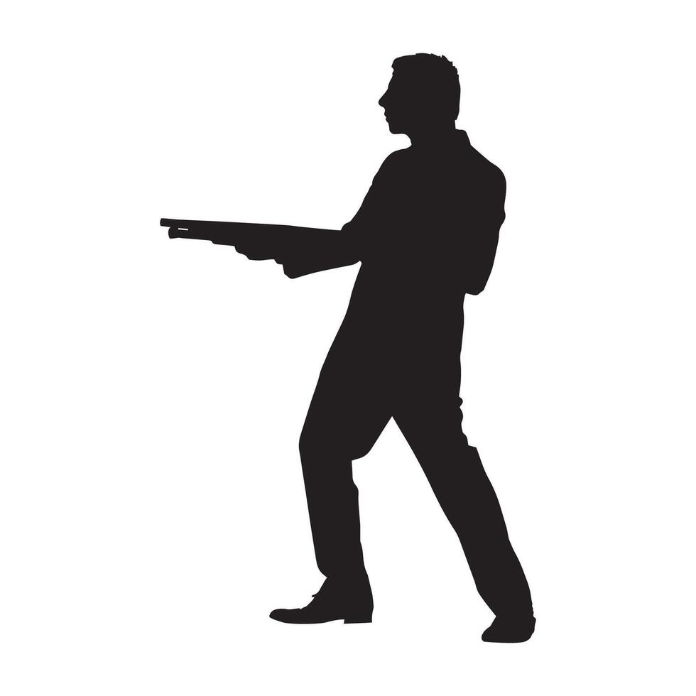Silhouette of man holding gun on white background vector