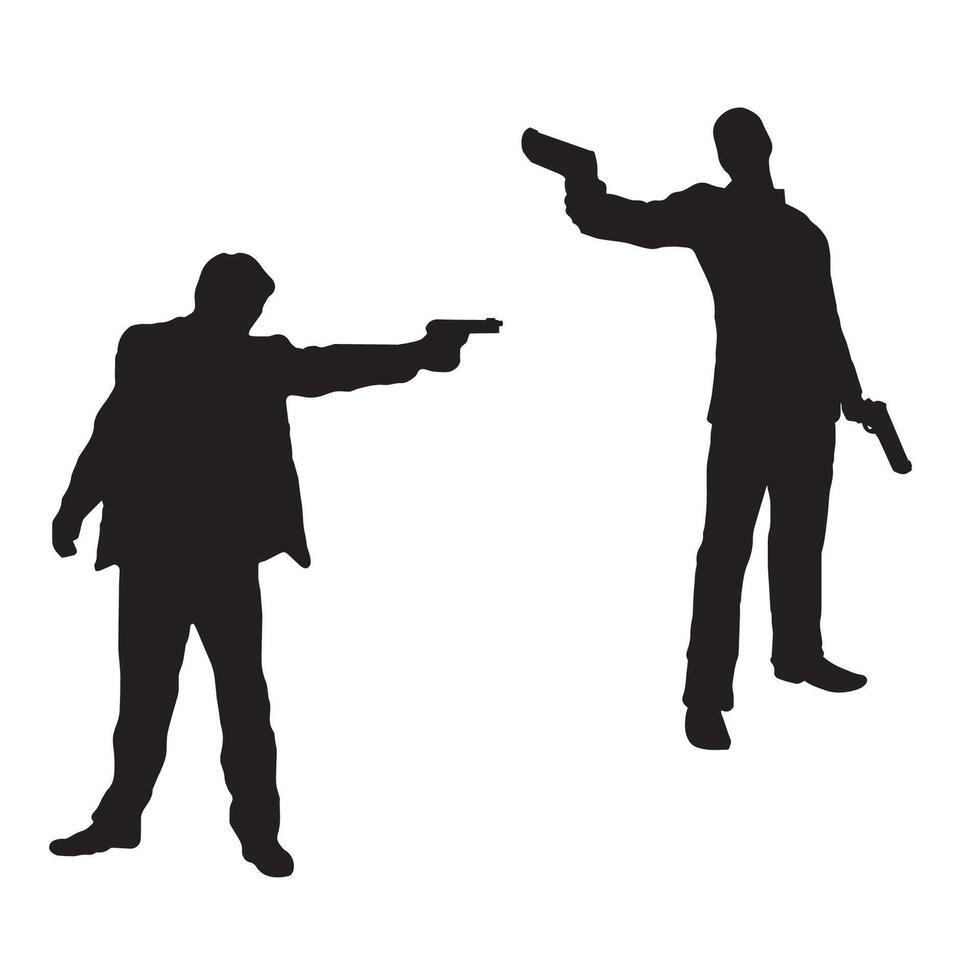 Silhouettes of two men pointing guns at each other vector