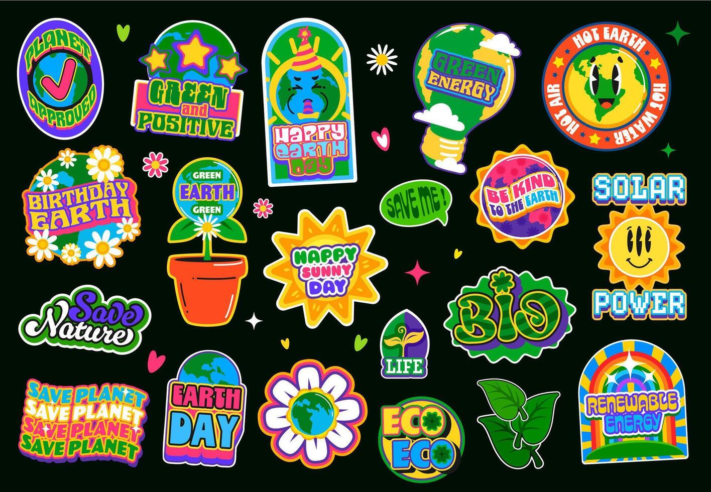 Environment ecology y2k retro groovy stickers vector
