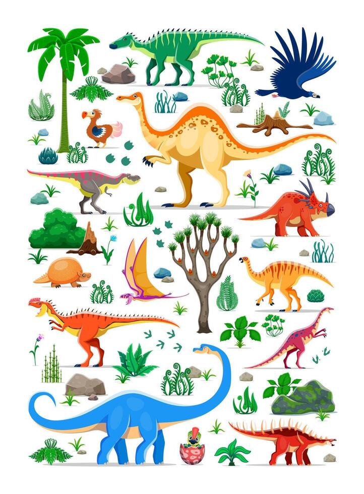 Cartoon prehistoric dinosaur animals and baby dino vector