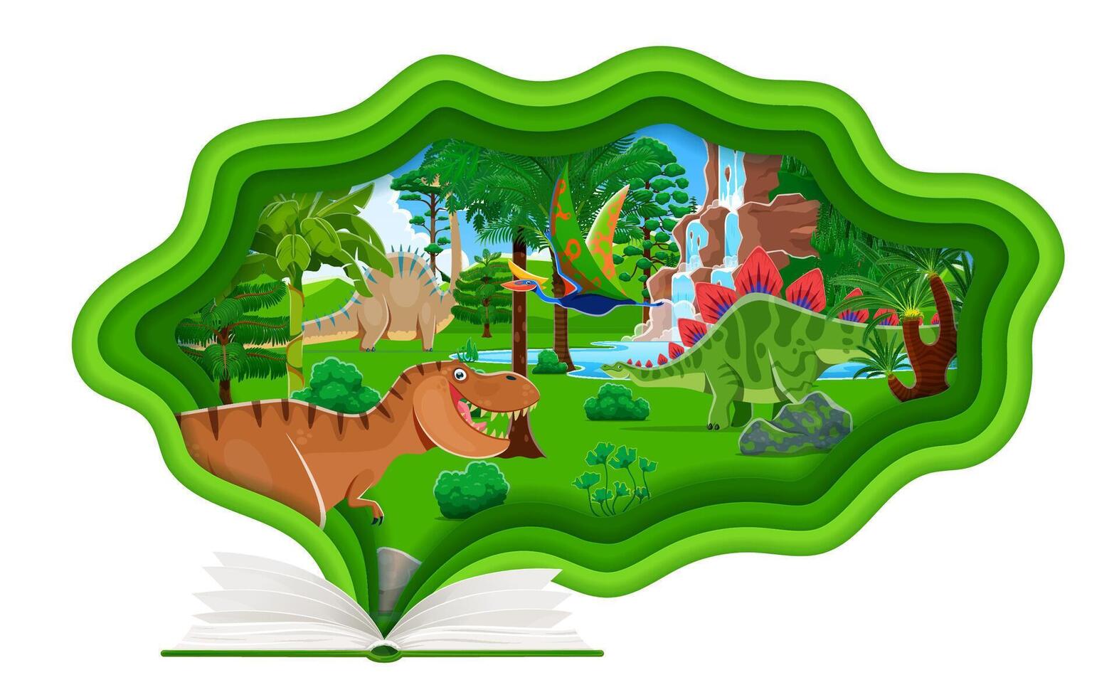 Opened book with paper cut dinosaur characters vector