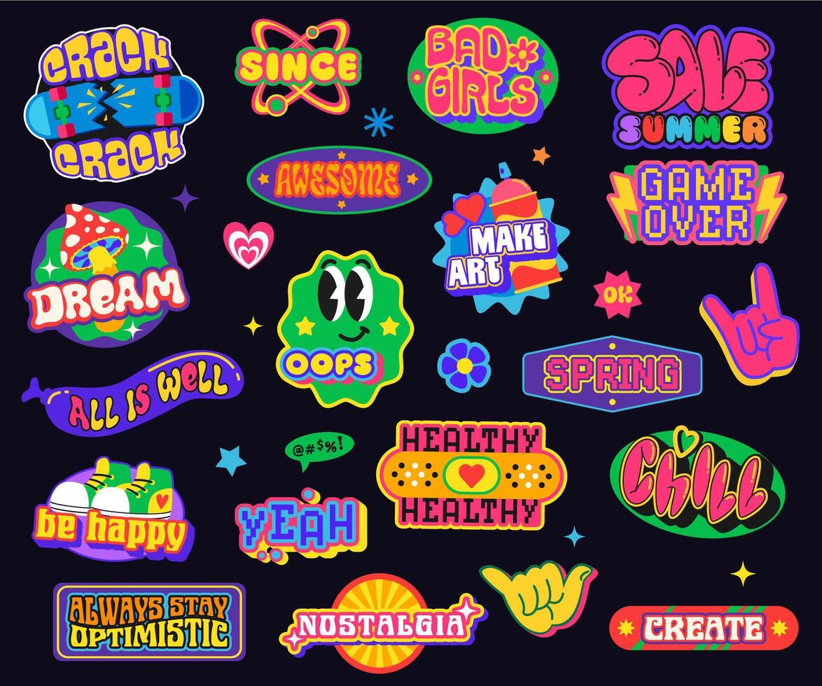 Y2k retro funky groovy stickers and labels patch vector