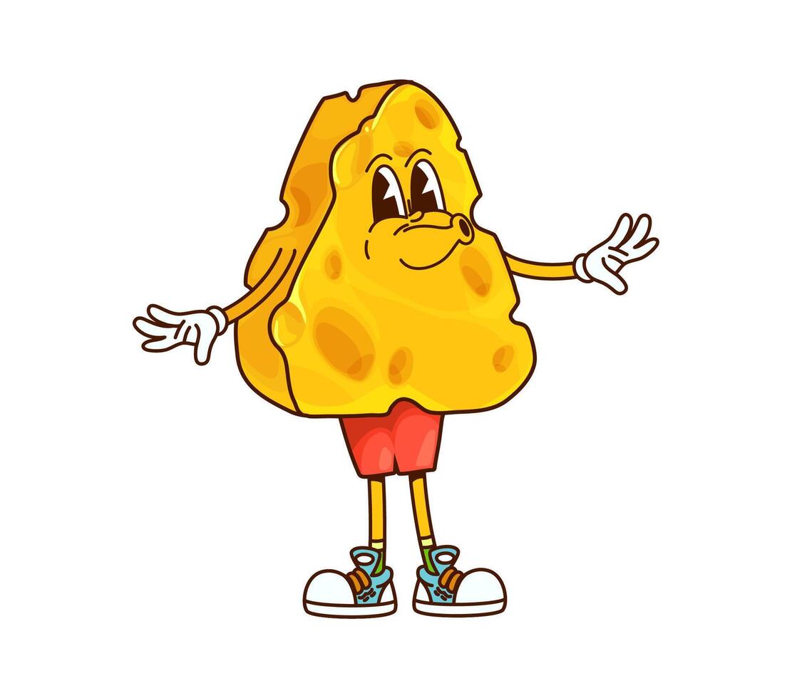 Cartoon groovy cheese character in red pants. vector