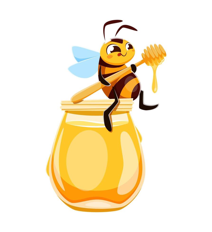 Honey bee character on honey pot with dipper stick vector
