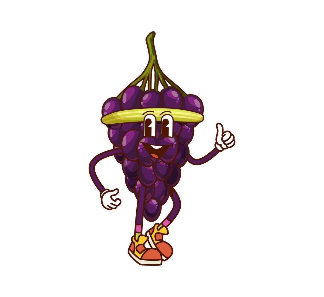 Cartoon groovy grape character on fitness sport vector