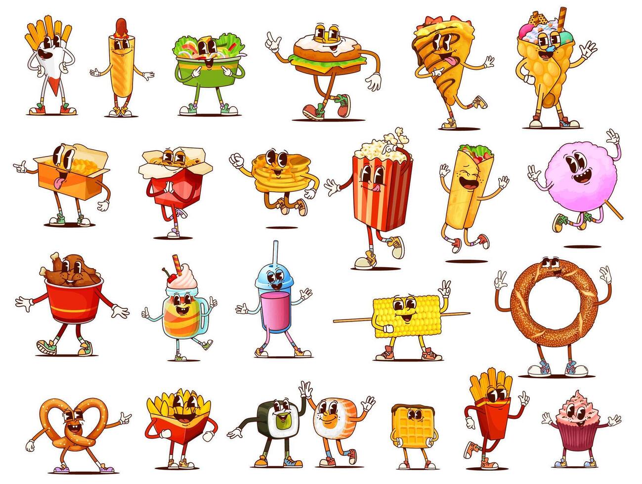 Fast food groovy takeaway food, drinks characters vector