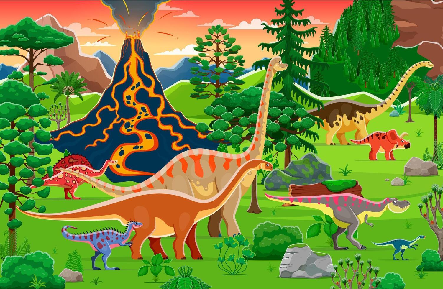 Prehistoric era landscape of volcano and dinosaurs vector