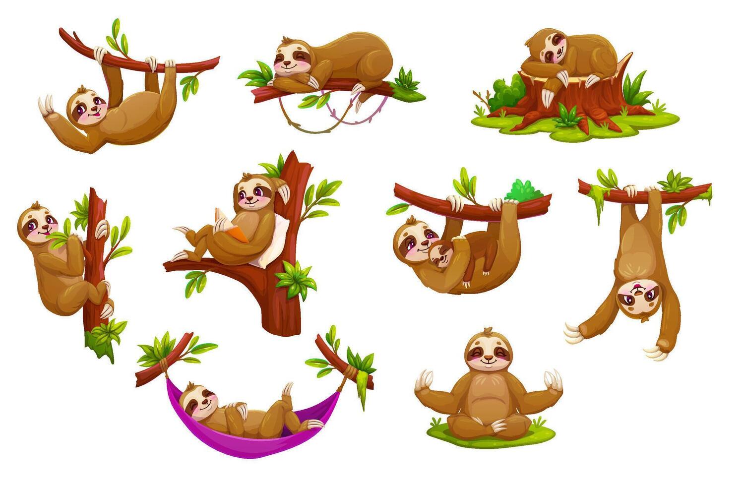 Cartoon lazy sloth animals, funny cute characters vector