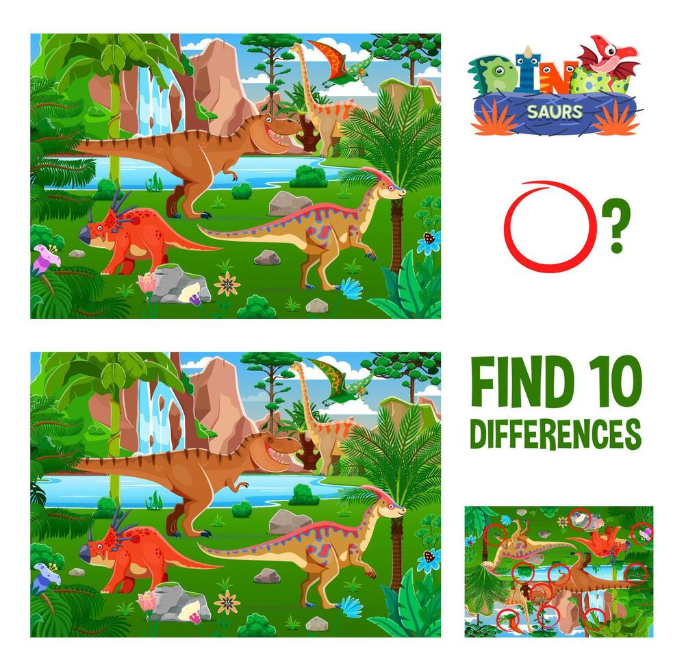 Kids dinosaur game worksheet, find ten differences vector