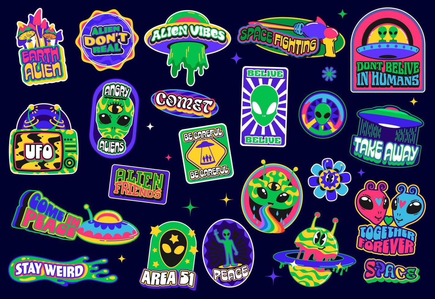 Outer space y2k galaxy groovy stickers, UFO labels vector