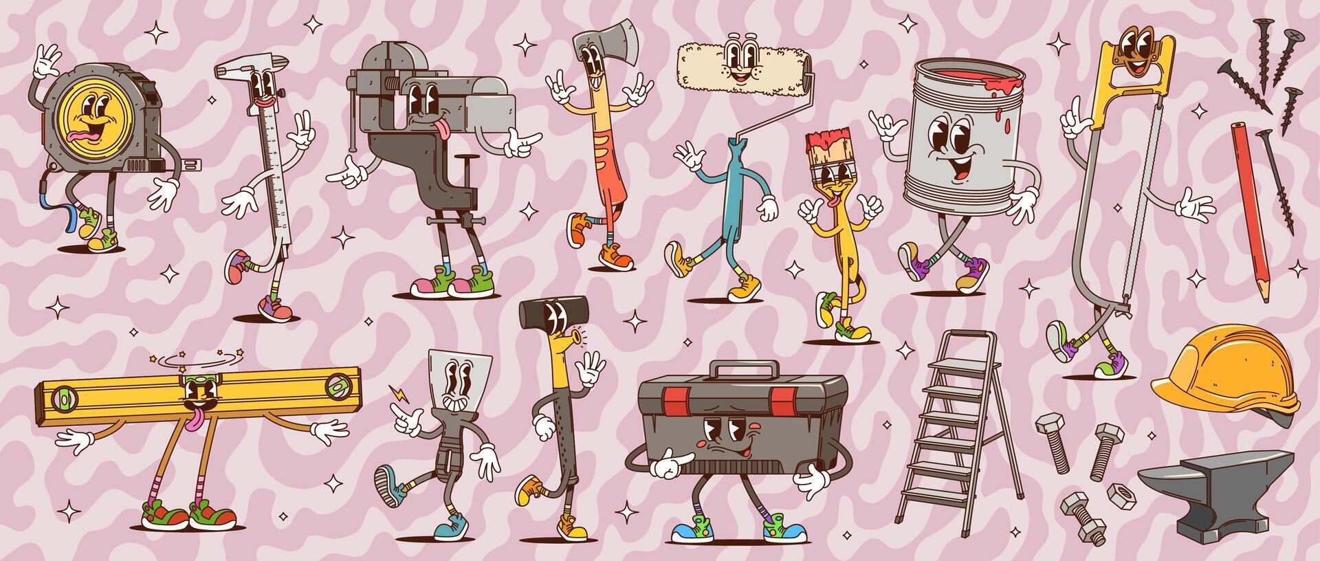 Groovy building, DIY and repair tool characters vector
