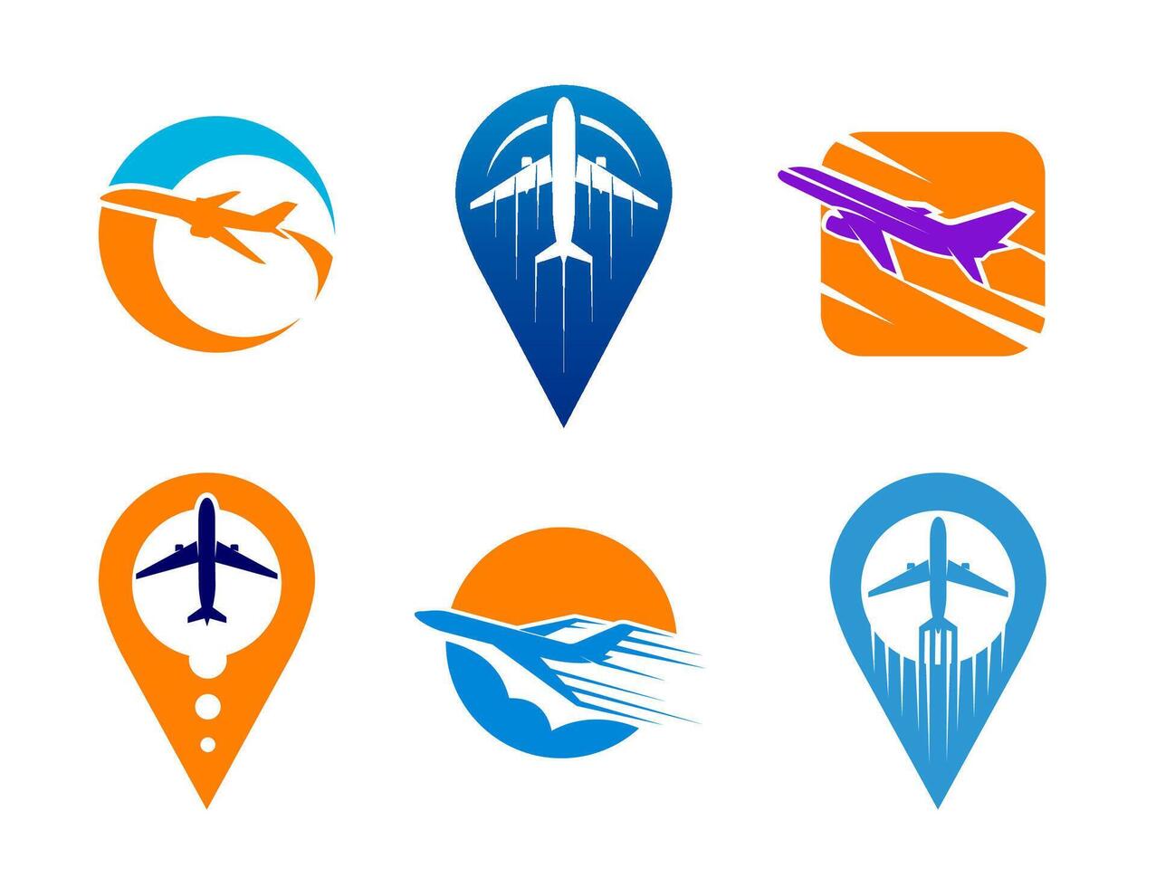 Plane map pin icons, air travel and flight vector