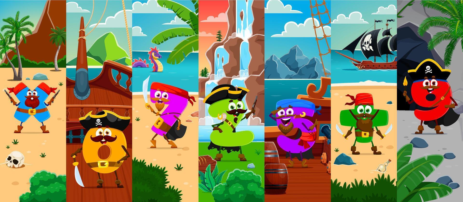 Cartoon math number pirate characters collage vector