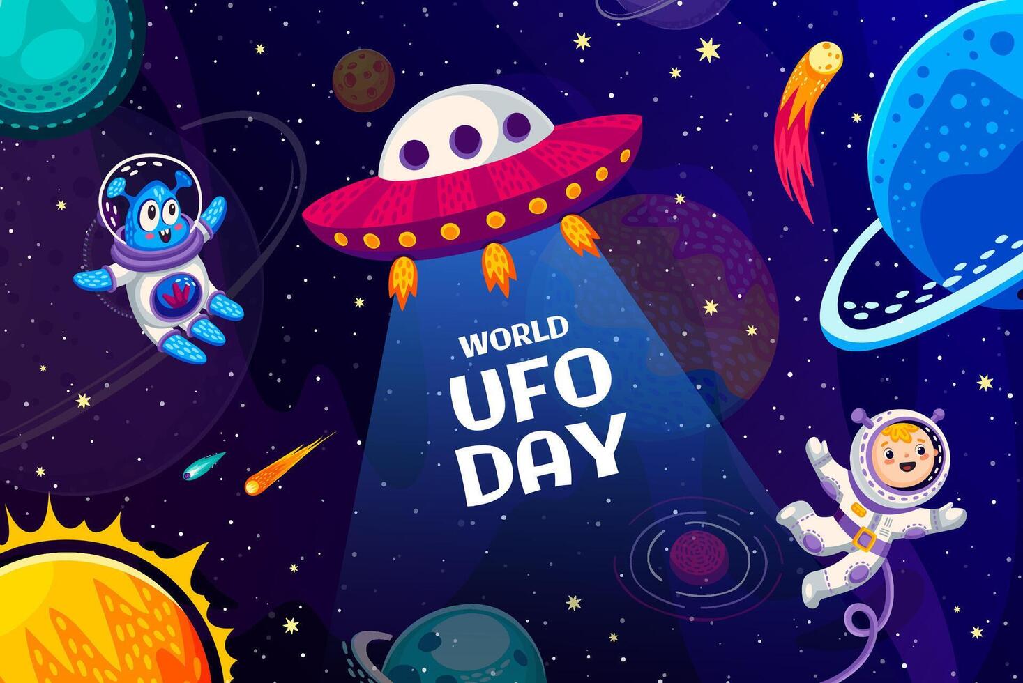 World UFO day banner, cartoon flying saucer, alien vector