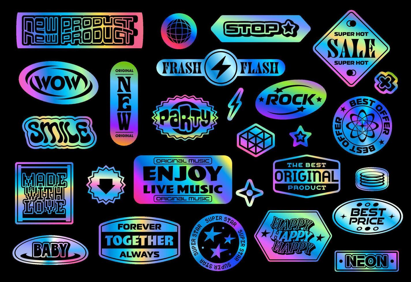 Iridescent gradient hologram y2k groovy stickers vector
