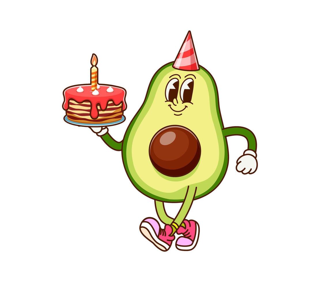 Avocado with birthday cake funny groovy character vector