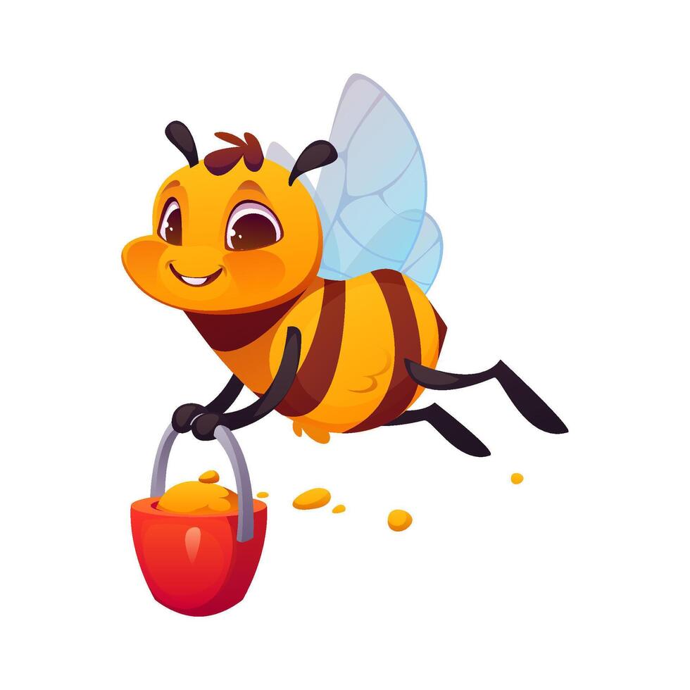 Honey bee flying with bucket cartoon character vector