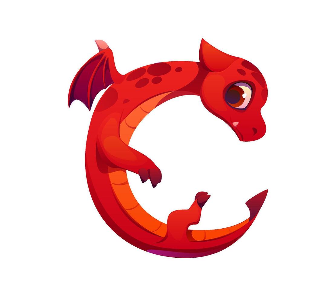 Fantasy red dragon cartoon character font letter C vector