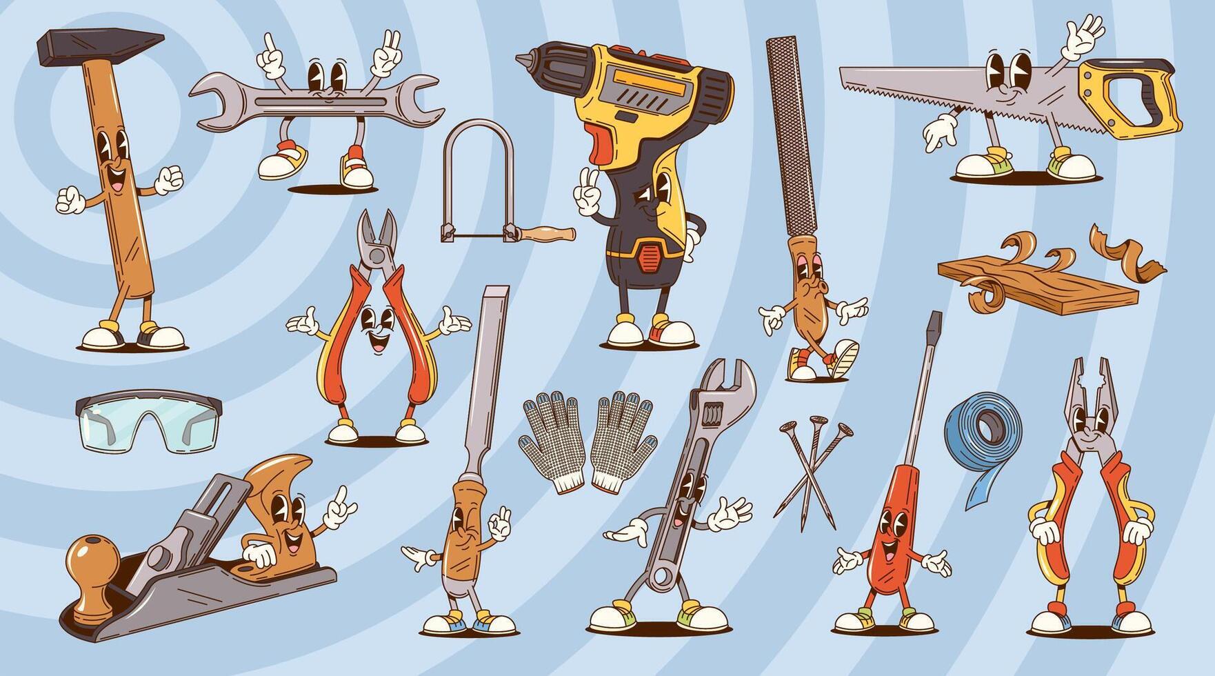 Cartoon groovy repair and DIY tools characters vector