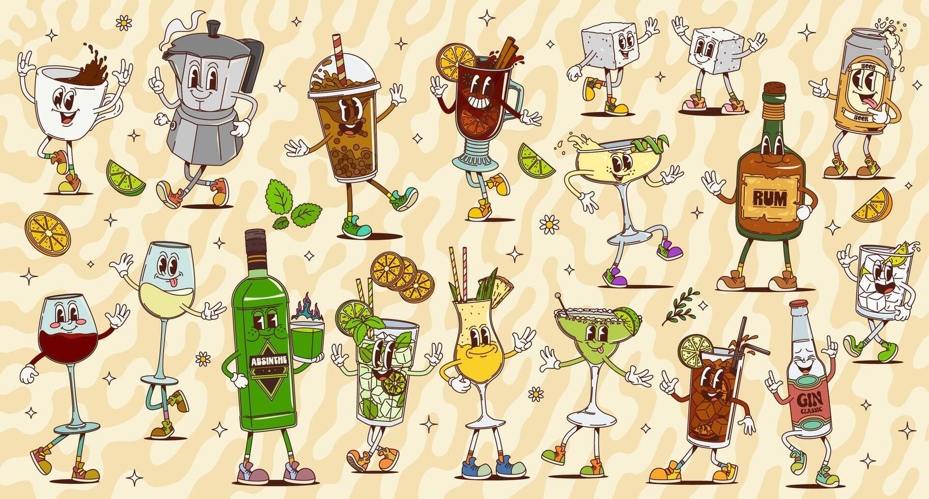Cartoon retro groovy alcohol drinks and cocktails vector