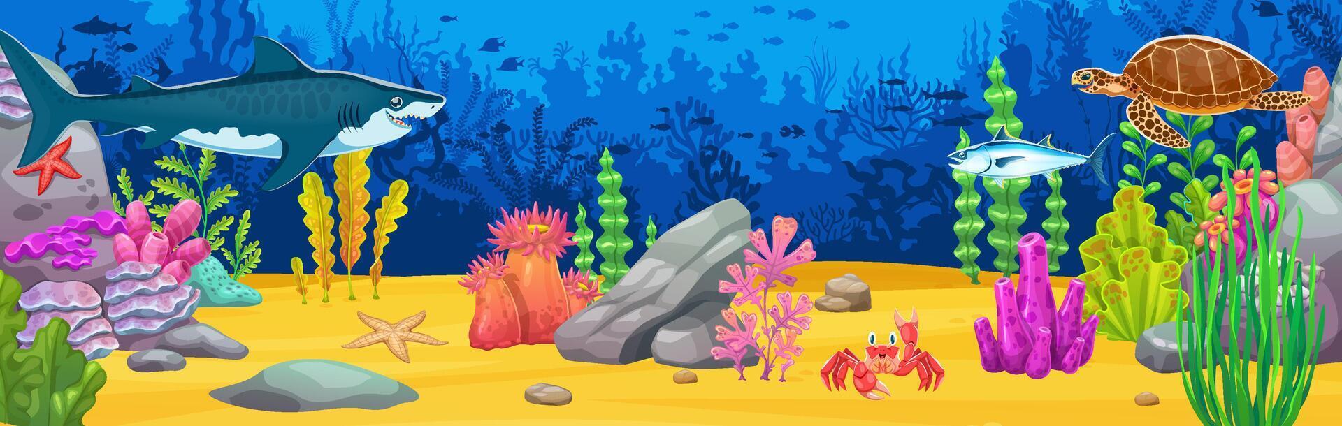 Underwater landscape, game background sea animals vector