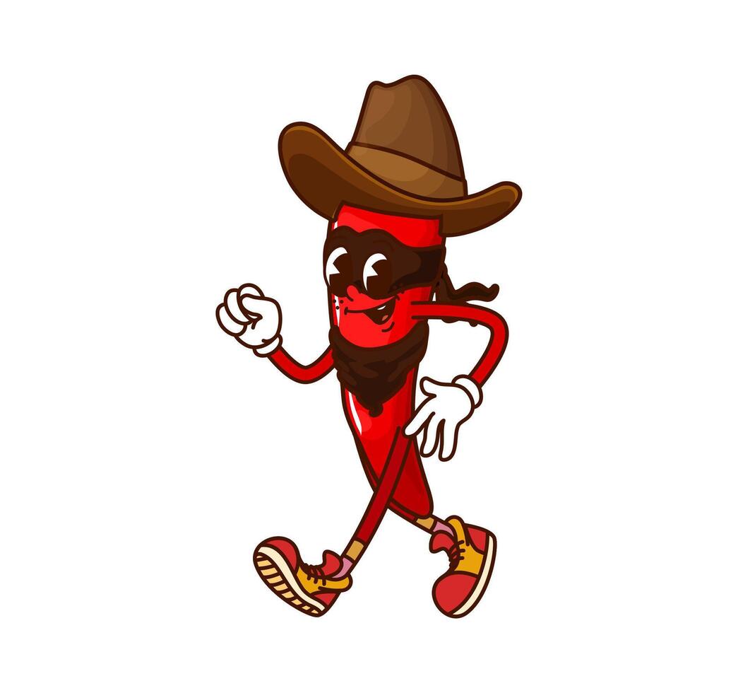 Cartoon groovy chili pepper cowboy and bandit vector