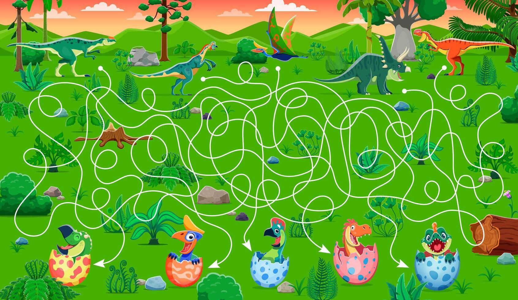 Kids labyrinth maze riddle game with dino kids. vector