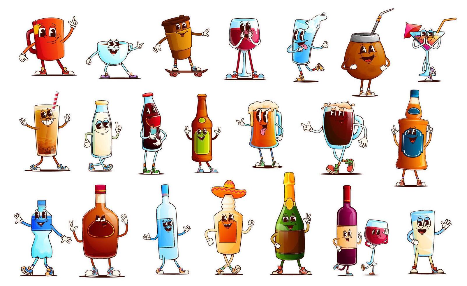 Cartoon drink and beverage groovy characters vector