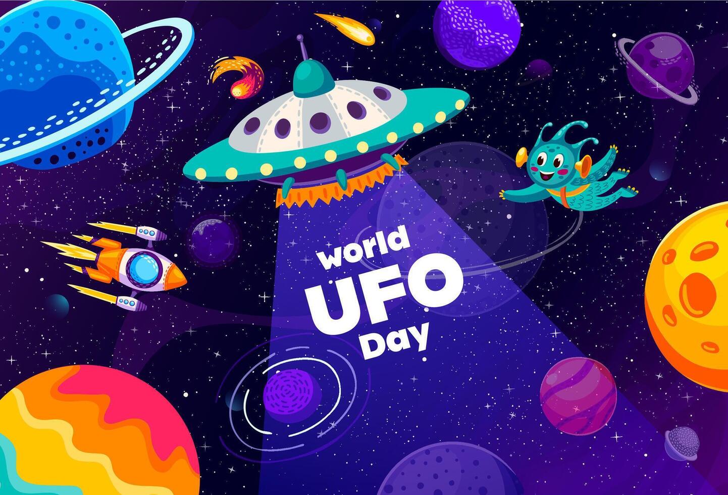 World UFO Day banner with cartoon alien astronaut vector