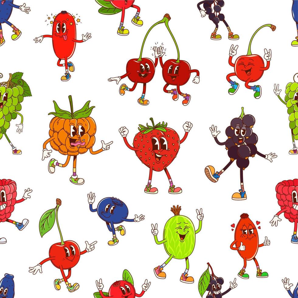 Groovy funny berry characters seamless pattern vector