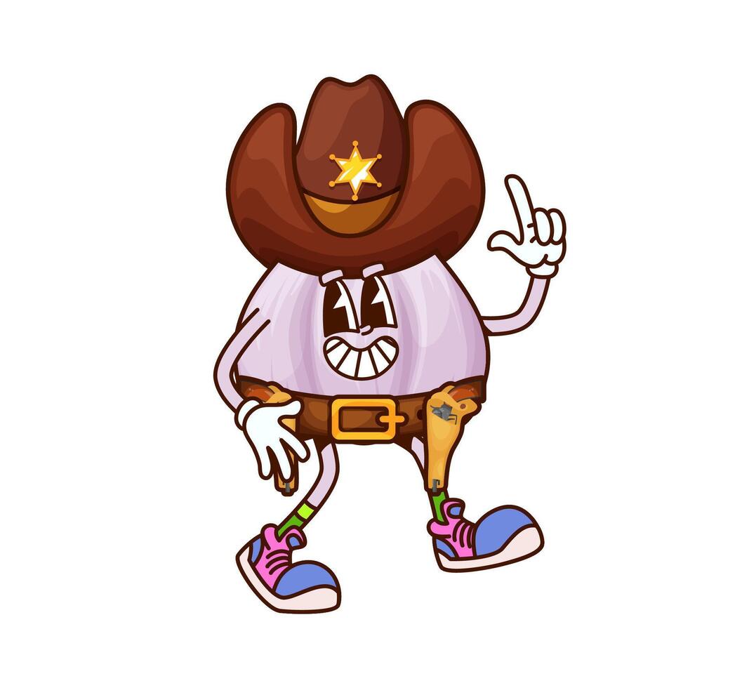 Cartoon groovy garlic sheriff cowboy character vector