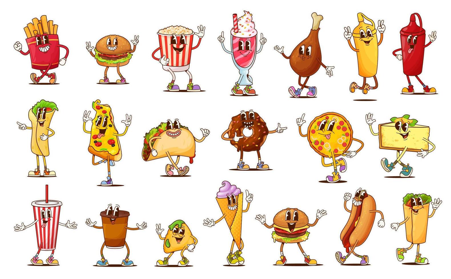 Groovy fast food, drinks and desserts characters vector