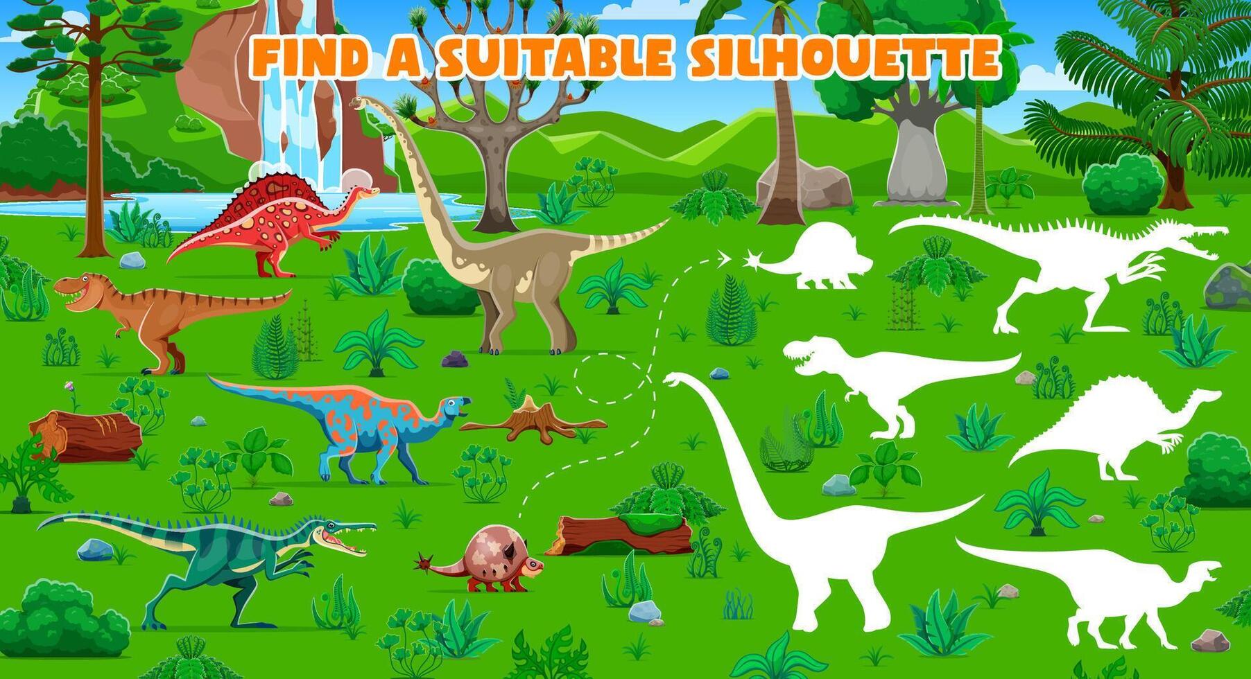 Kids game, find the correct shadow of dinosaurs vector