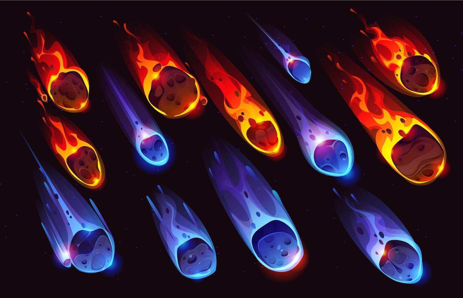 Cartoon comets meteors and ice asteroids in space vector