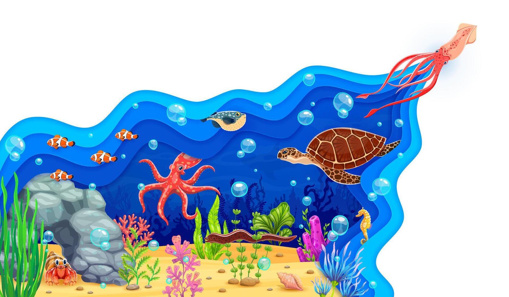Paper cut landscape with ocean animals vector