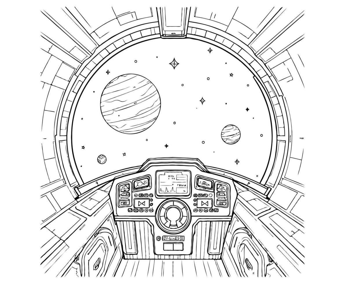Spaceship Cockpit View Realistic Space Coloring Page vector