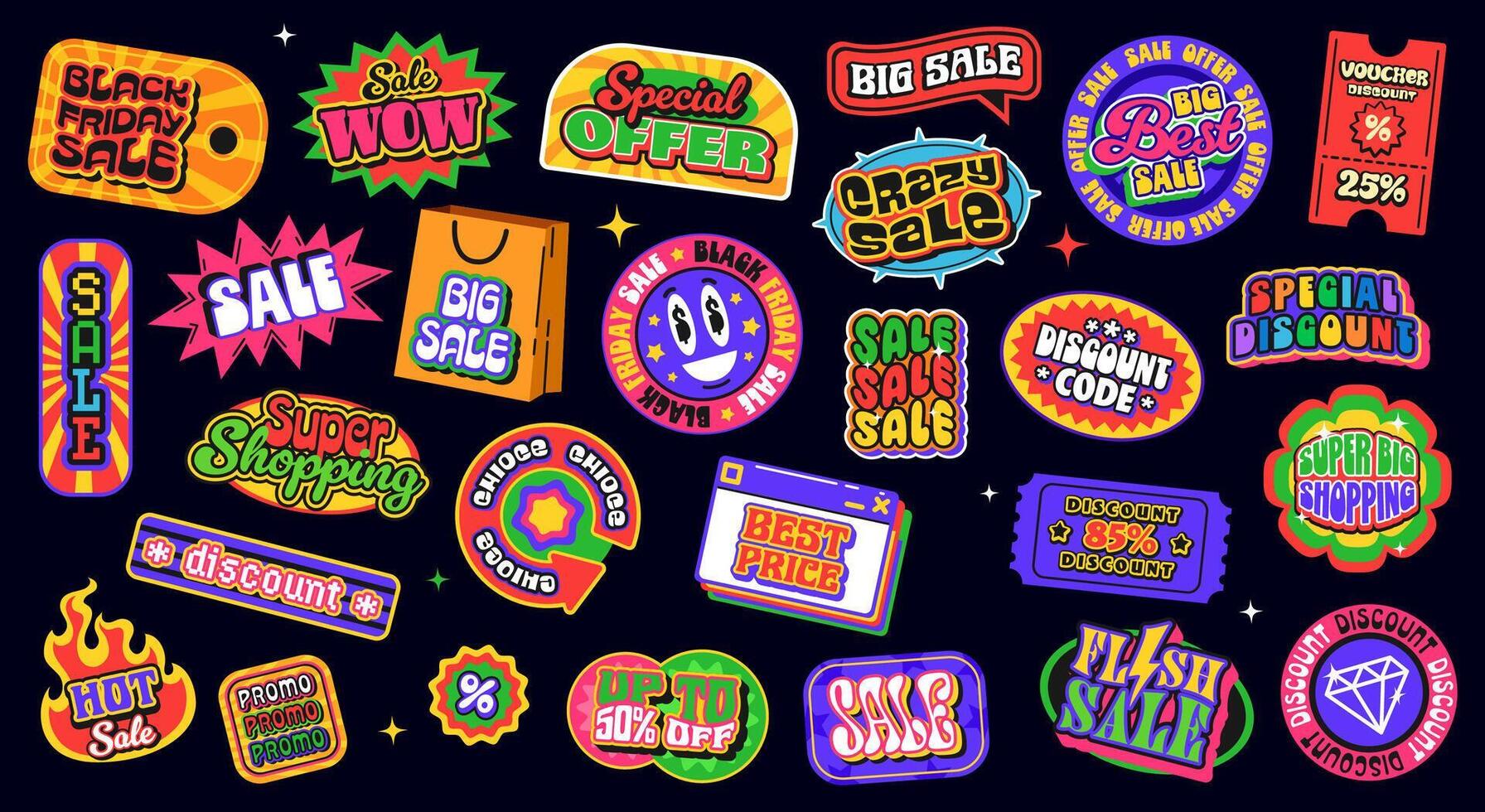 Sale offer y2k groovy patch stickers and labels vector