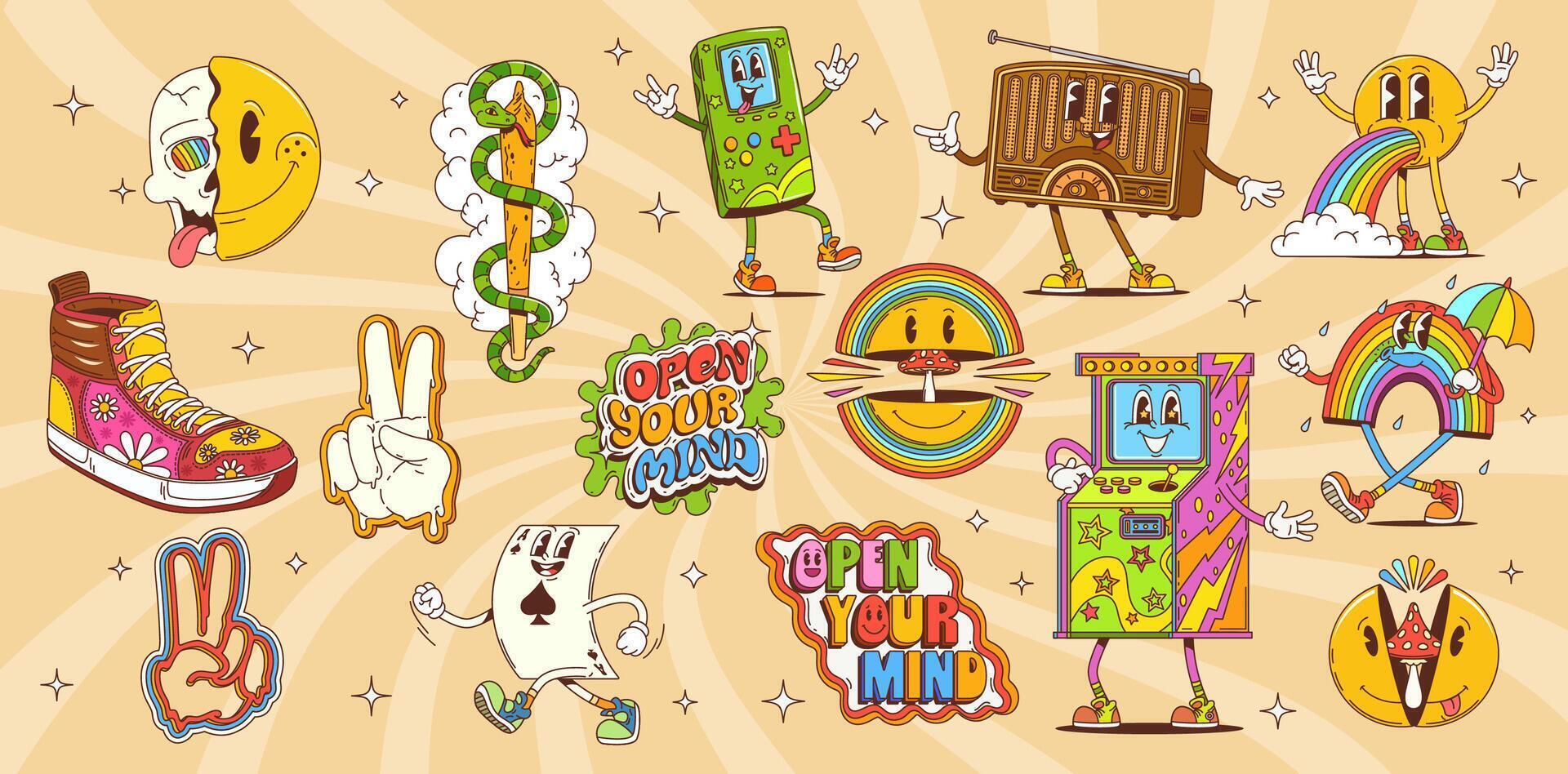 Retro hippie groovy smile characters and symbols vector