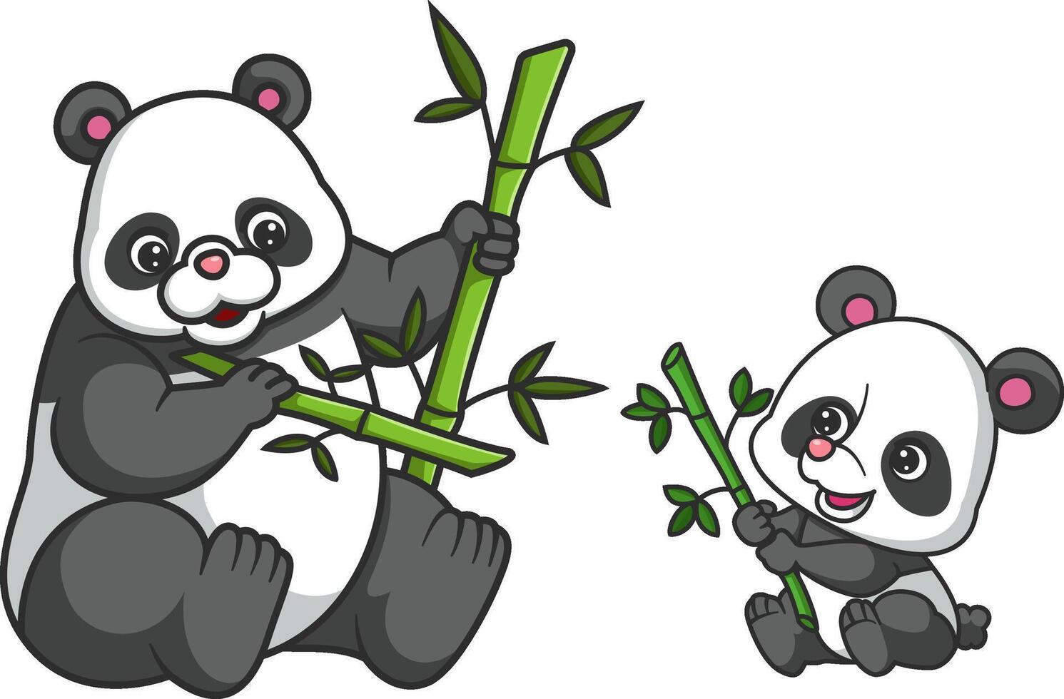 Big panda teaches little panda to eating bamboo vector