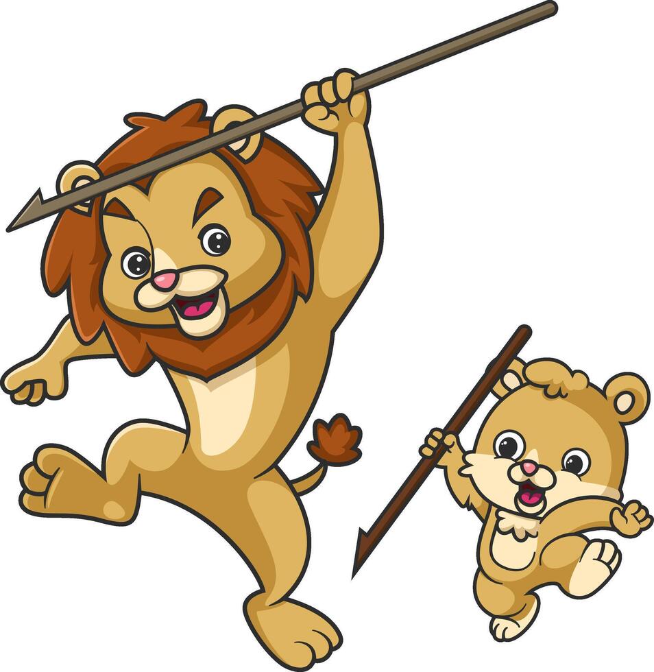 The big lion teaches the little lion how to hunt using a spear. vector