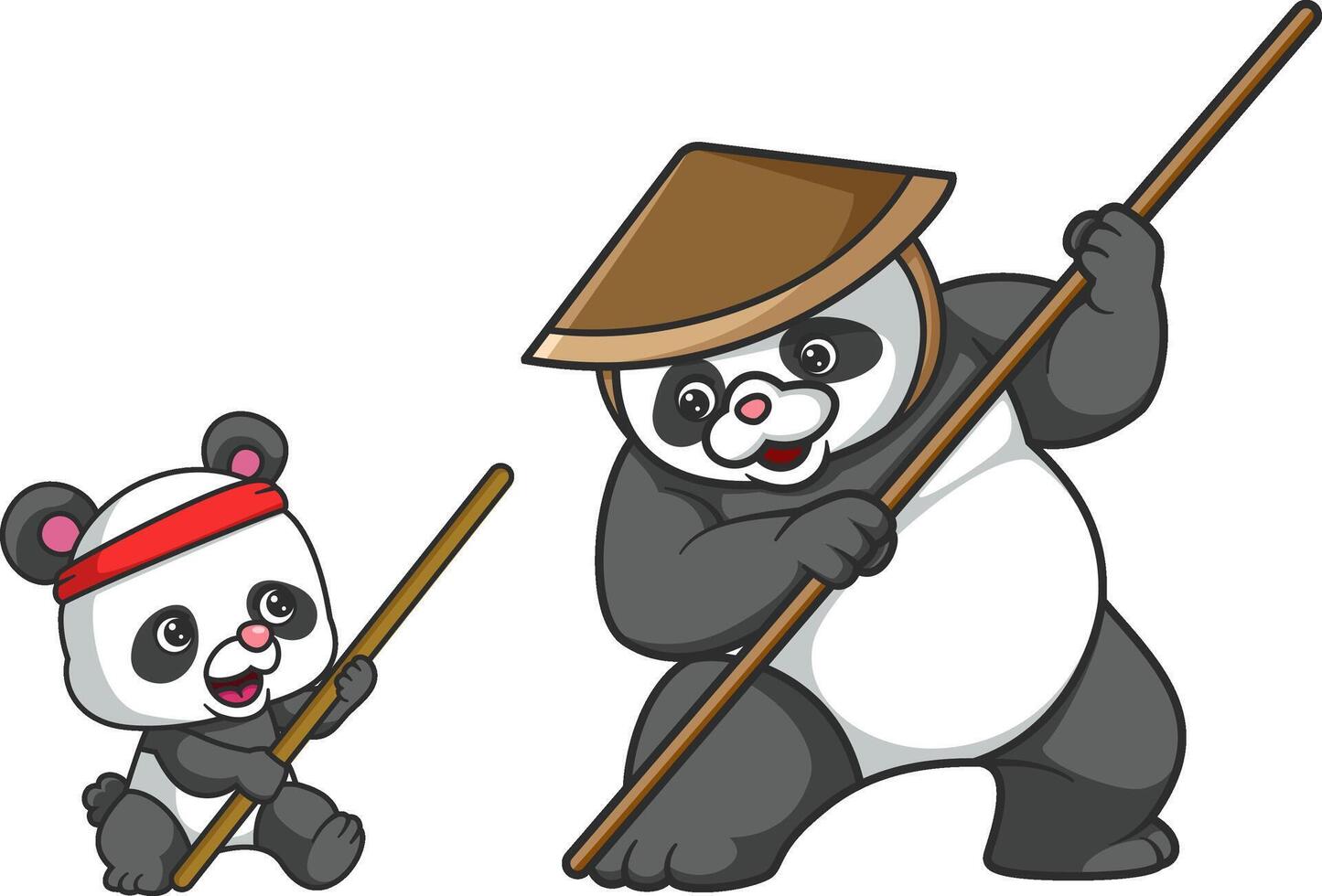 Big panda teaches little panda self-defense by stick vector