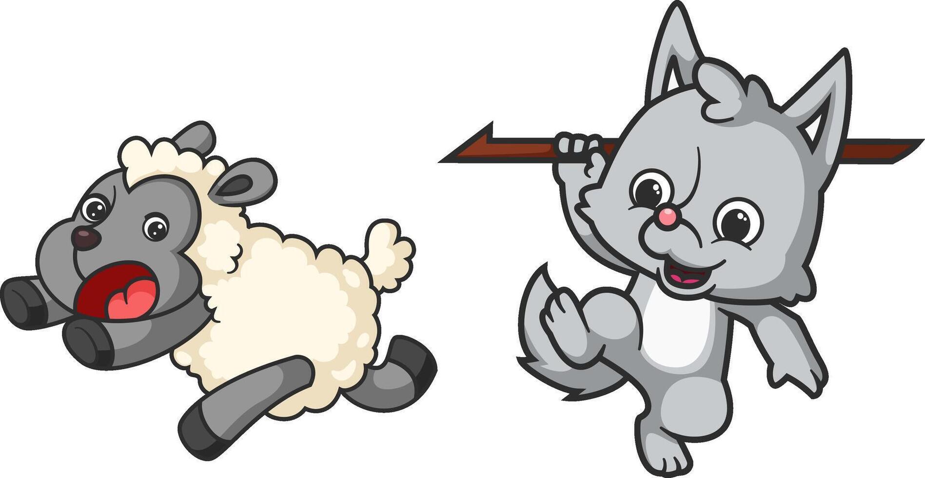 sheep being chased by a little wolf carrying a spear vector
