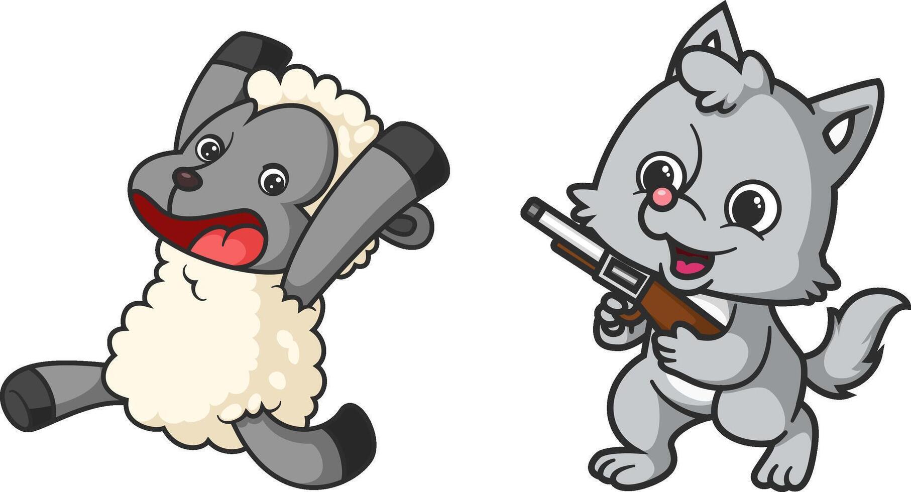 sheep being chased by a little wolf carrying a hunting rifle vector