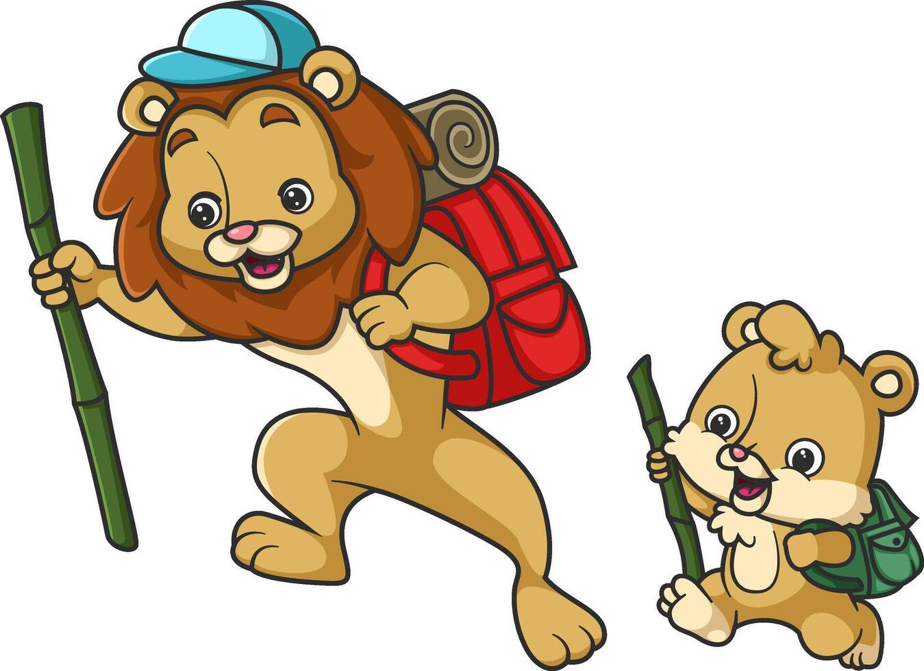 Lion traveler hiker travels with camping rucksack and mat. Happy lion backpacker ready for adventure. vector