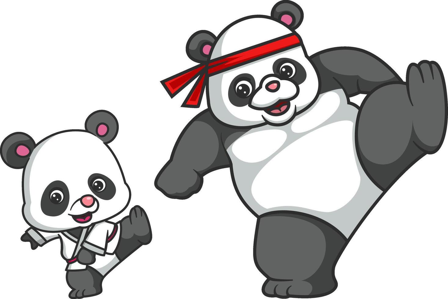 Big panda teaches little panda self-defense by kicking vector