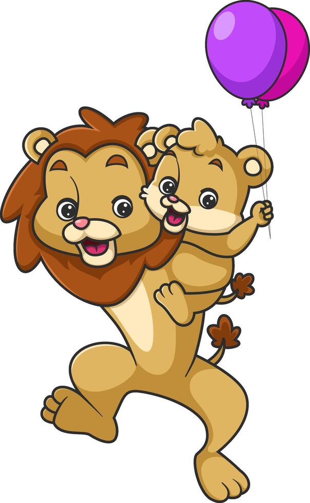 Big lion holding little lion and playing with balloons vector
