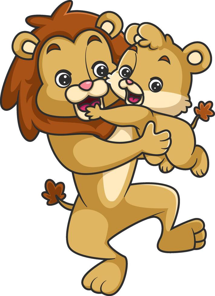 big lion is joking with little lion, big lion hugs little lion vector