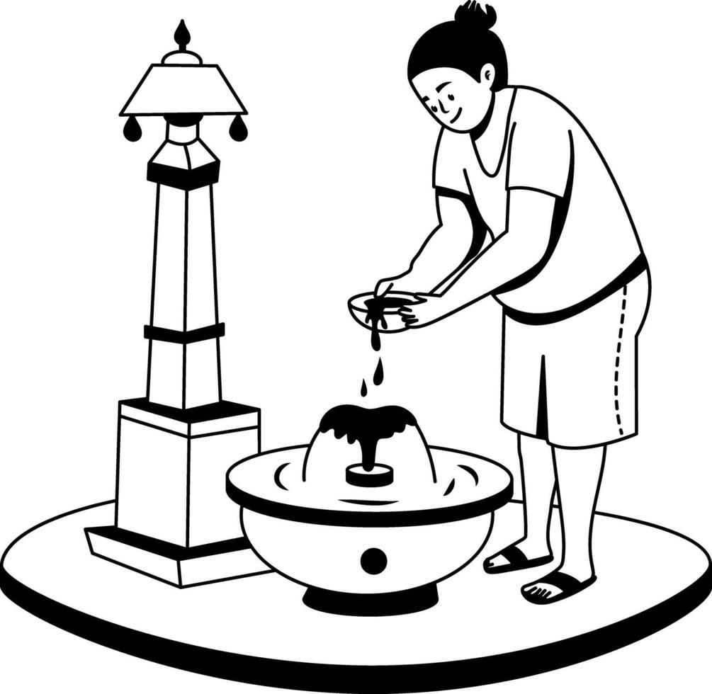 A glyph illustration of poor lady taking water from public fountain vector